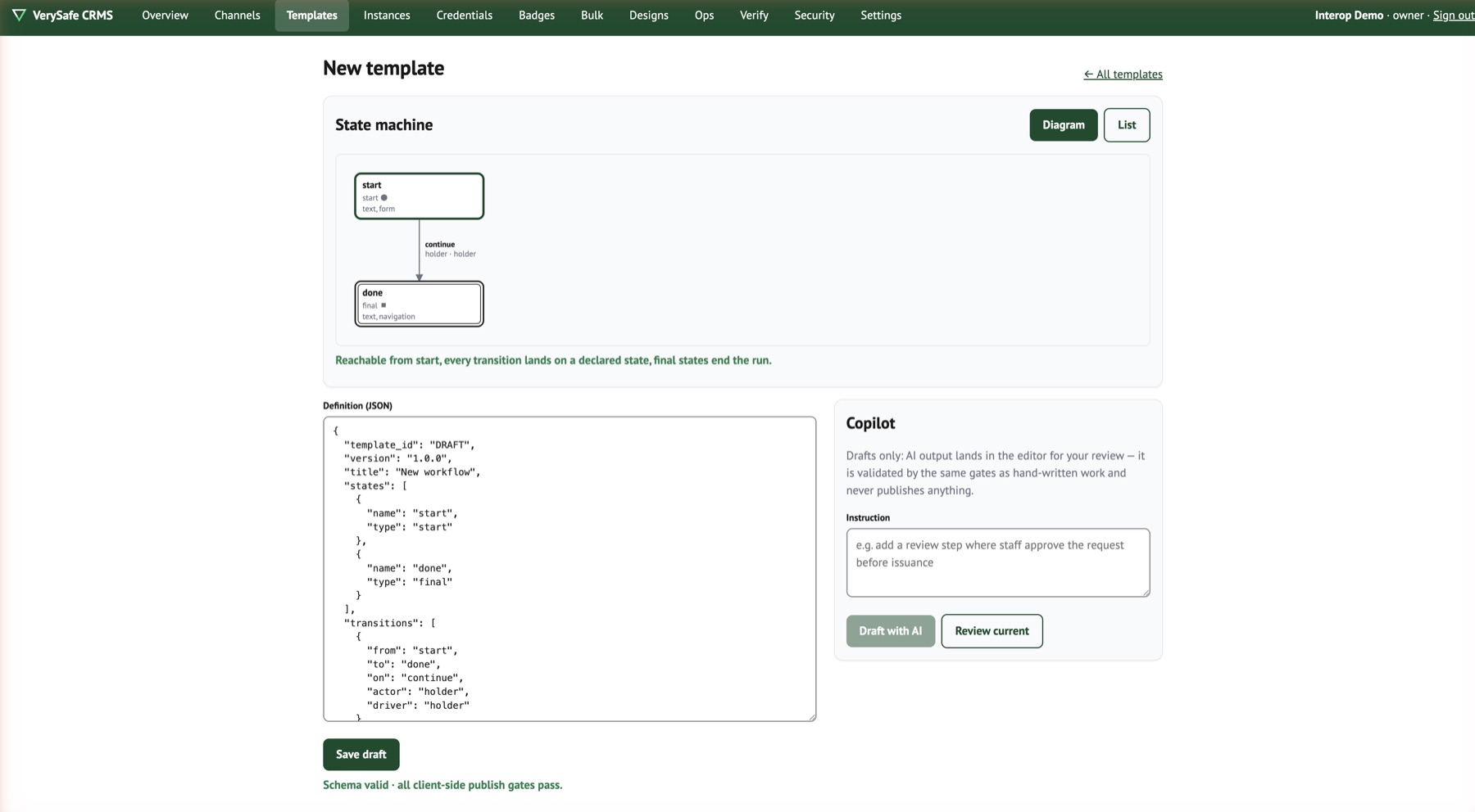 The workflow template editor: a state-machine diagram with a start state, a continue transition and a final state, the template's JSON definition, and a copilot panel whose drafts land in the editor for review.