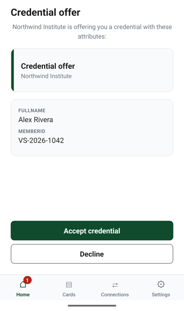 A credential offer from Northwind Institute listing the two attributes it carries, with Accept credential and Decline buttons.
